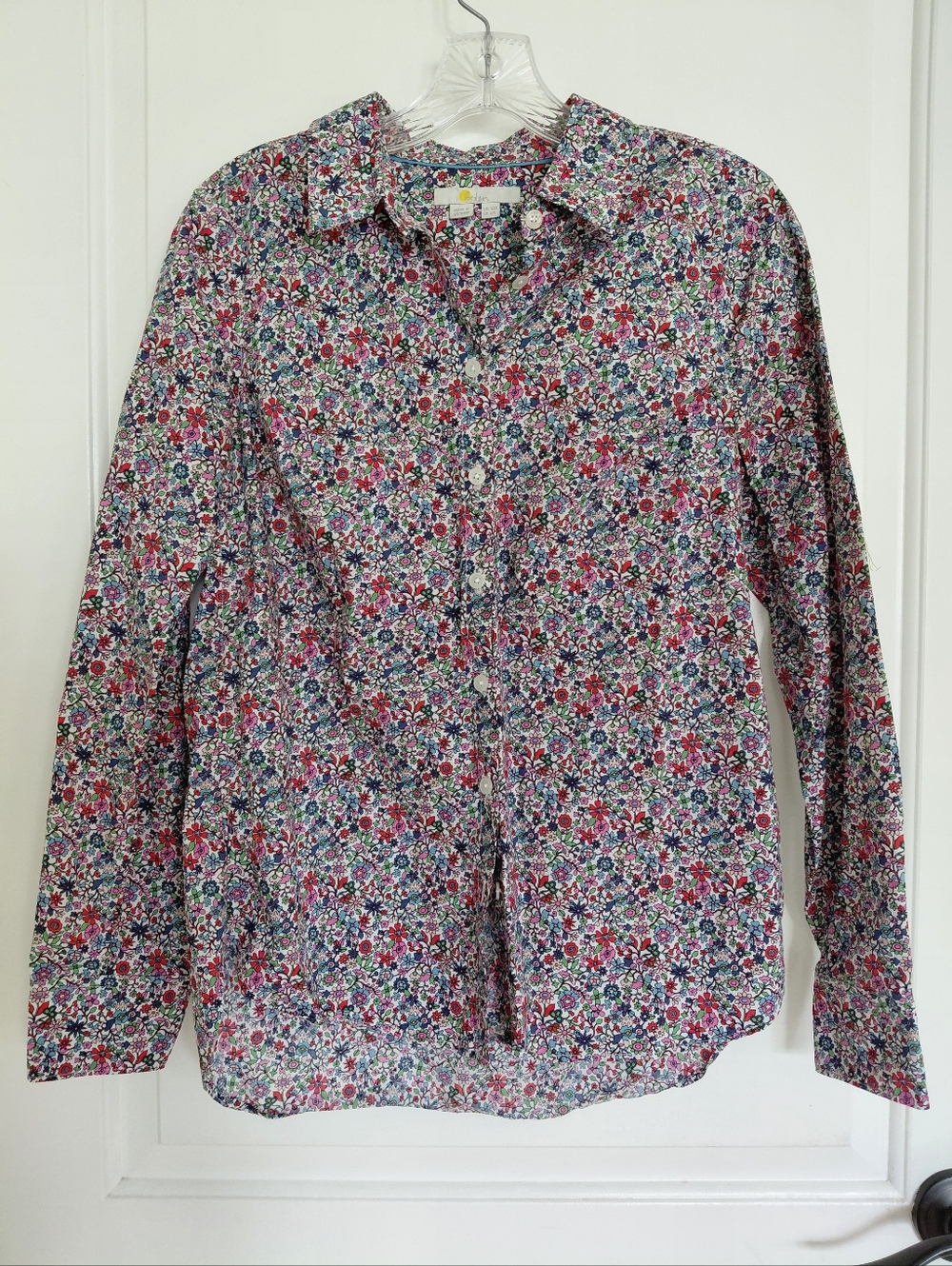 Boden Classic Cotton Floral Button Up Shirt Size 6 Blue Preppy Work Office